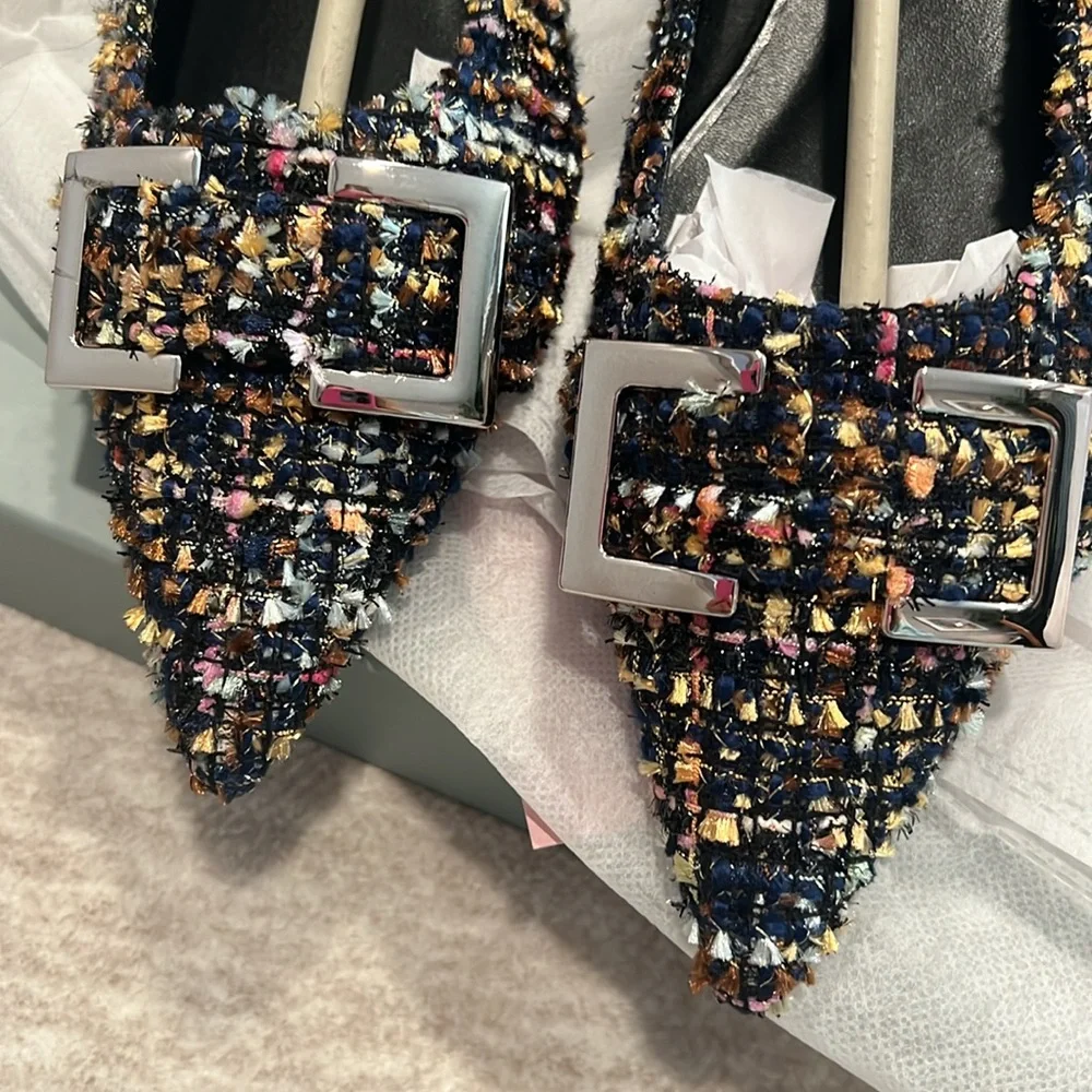 Pointed Toe Multicolor Navy Tweed Flats with Silver Buckle Size 38 #P01 - Picture 5 of 10